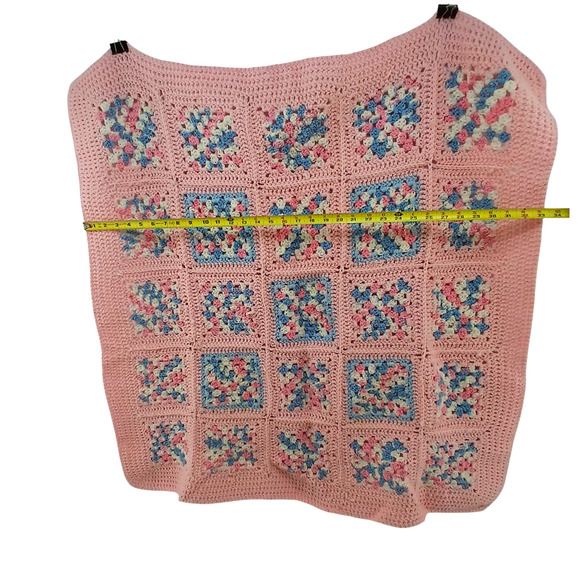 Handmade Crochet Baby Afghan Knitted Blanket Swaddle Lap Throw ~ White Blue Pink - Picture 9 of 9